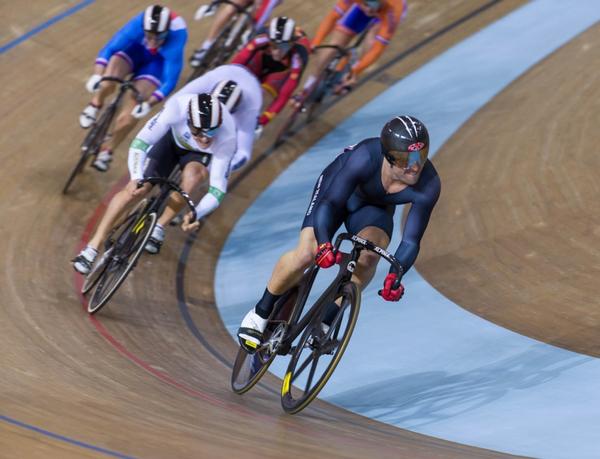 Simon Van Velthooven on his way to victory in the first round of the men's keirin competition at the UCI Track Cycling World Championships in Minsk, Belarus today.